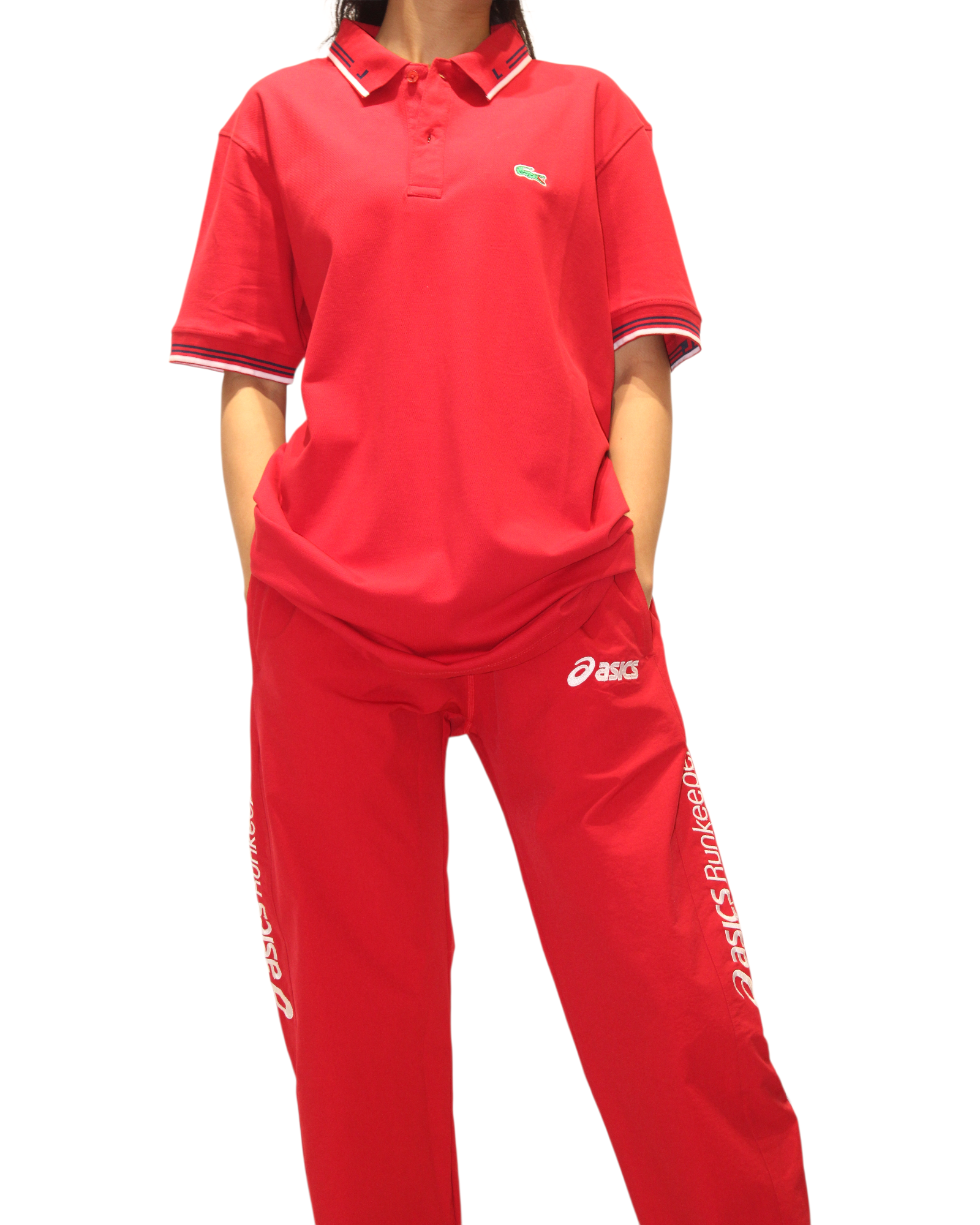 Womens Solid Red Polo T-Shirt With Jogger Co-Ord Set By Aldos